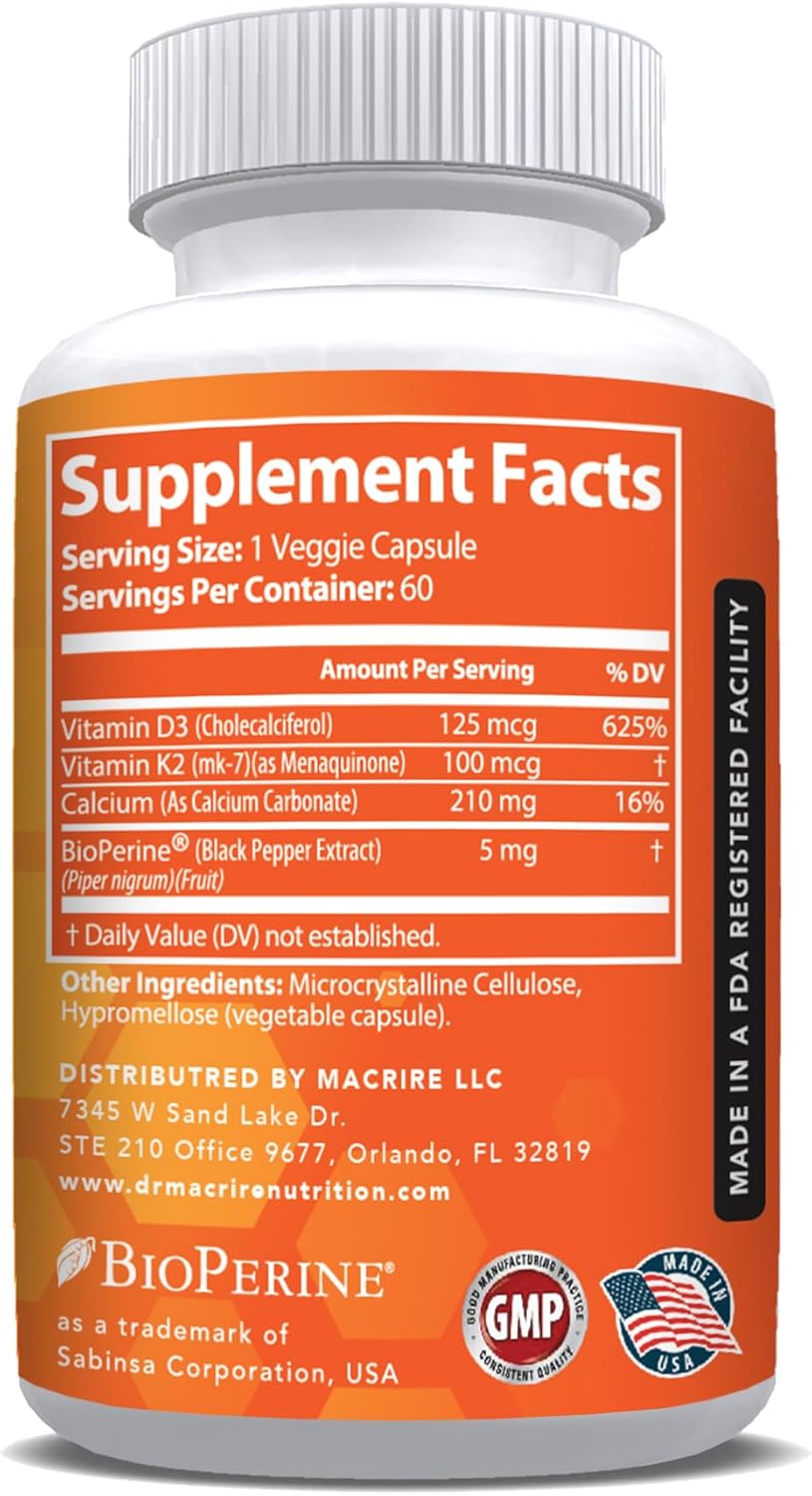 Vitamin D3 K2 Supplement with Calcium for Bone & Muscle Support, 5000 IU D3, 100mcg K2, Black Pepper Extract, Non-GMO - 60 Capsules
