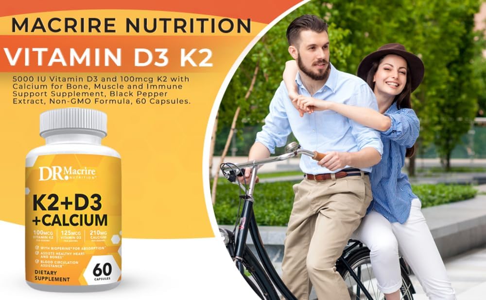 Vitamin D3 K2 Supplement with Calcium for Bone & Muscle Support, 5000 IU D3, 100mcg K2, Black Pepper Extract, Non-GMO - 60 Capsules