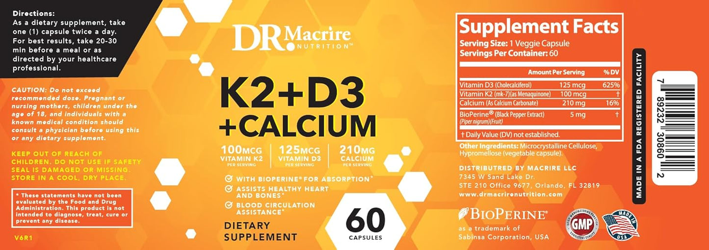 Vitamin D3 K2 Supplement with Calcium for Bone & Muscle Support, 5000 IU D3, 100mcg K2, Black Pepper Extract, Non-GMO - 60 Capsules
