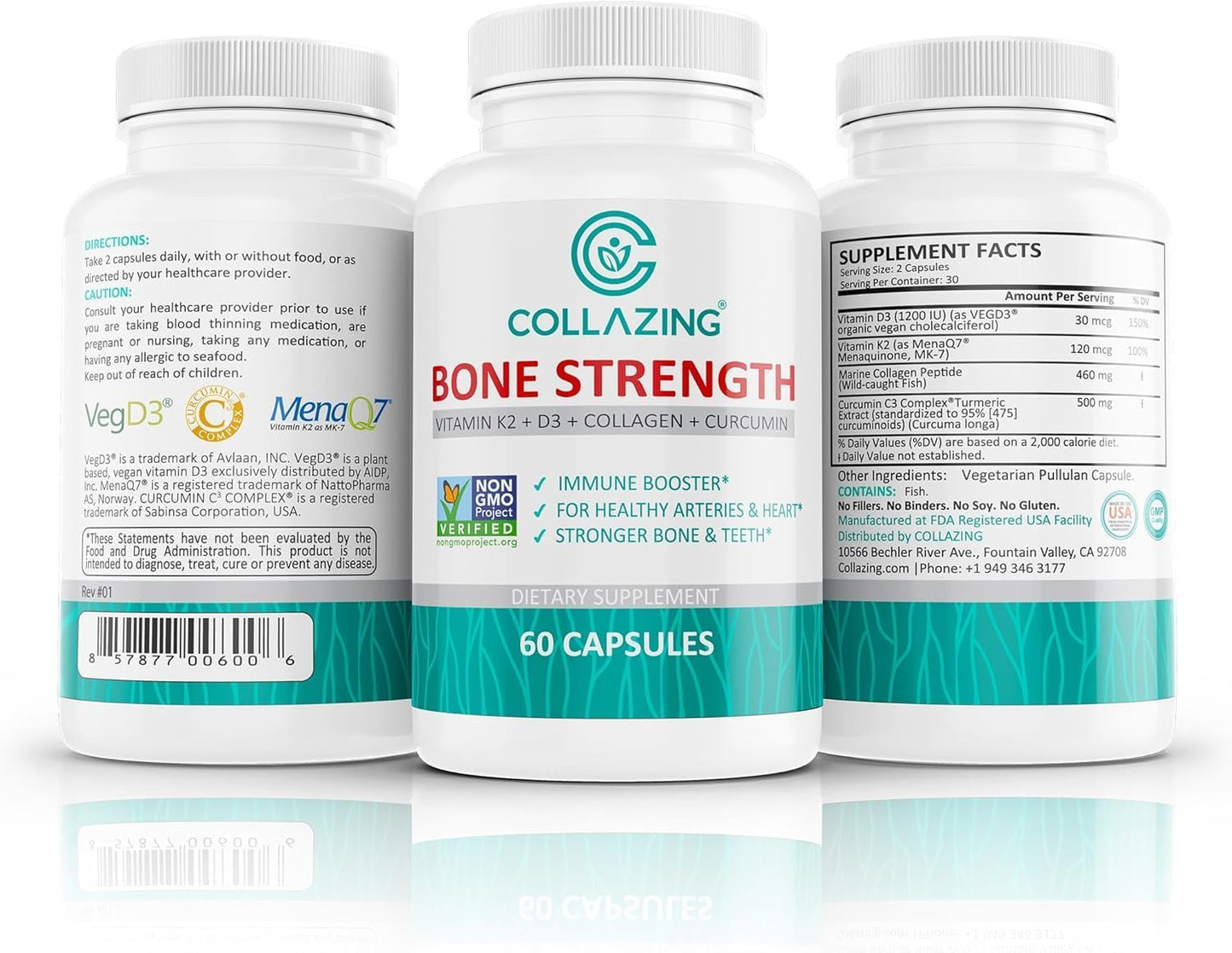 Vitamin D3 + K2 Supplement with Collagen & Curcumin - Supports Bone, Heart, Joint Health & Immune Function - High Absorption - 60 Capsules