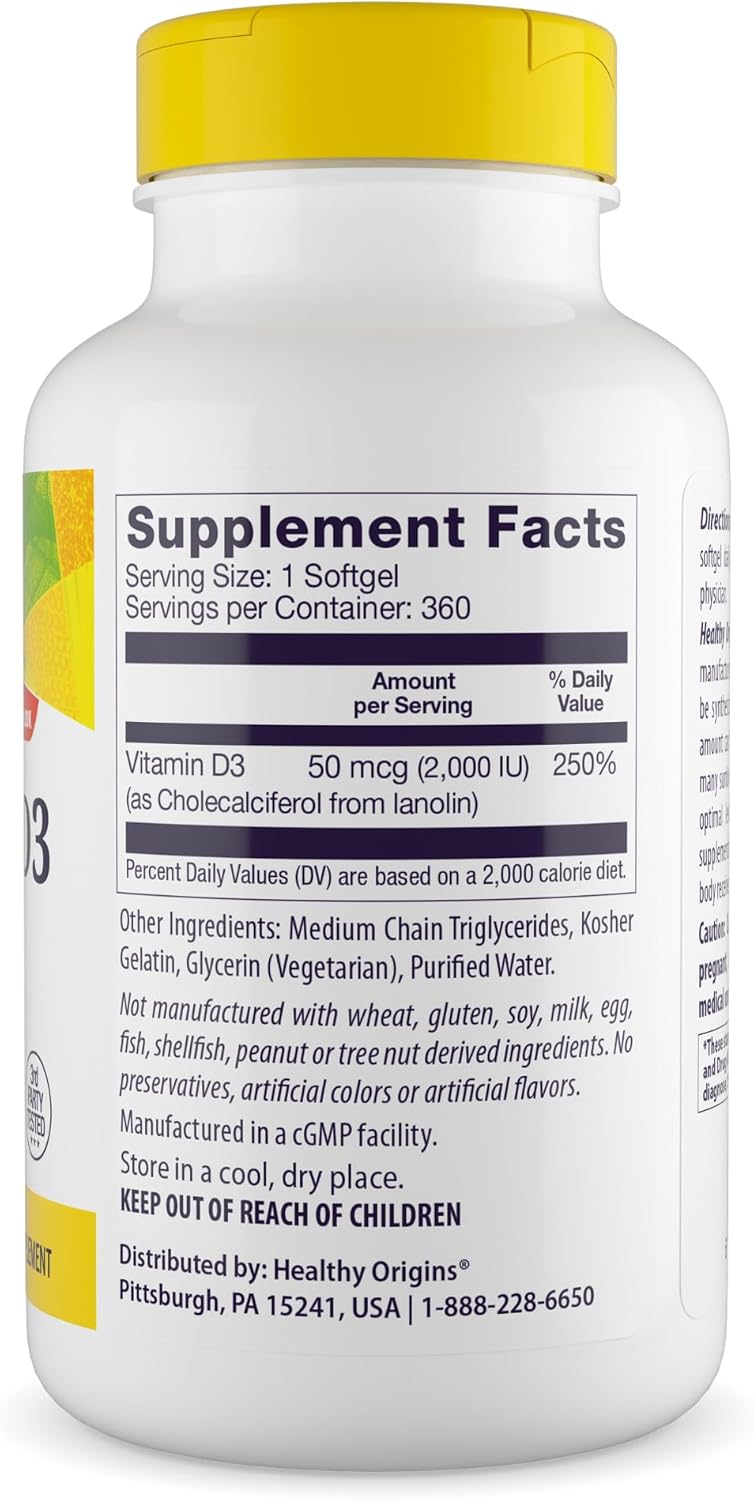 Vitamin D3 (Lanolin) 2,000 IU Softgels - Bone Health & Immune Support - Gluten-Free & Easily Absorbable - 360 Count - BoostGo Australia