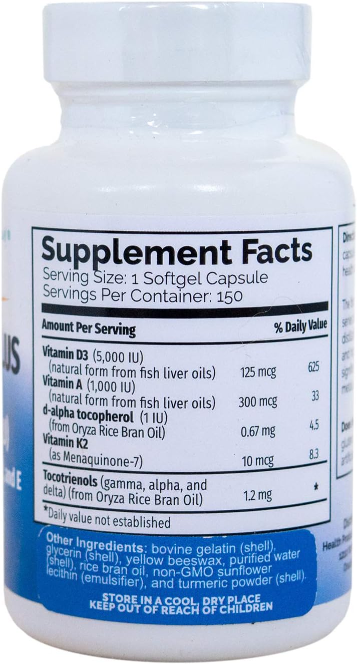 Vitamin D3 Plus with K2, A, and Tocotrienols - 125mcg (5000 IU) - Non-GMO Softgel Capsules