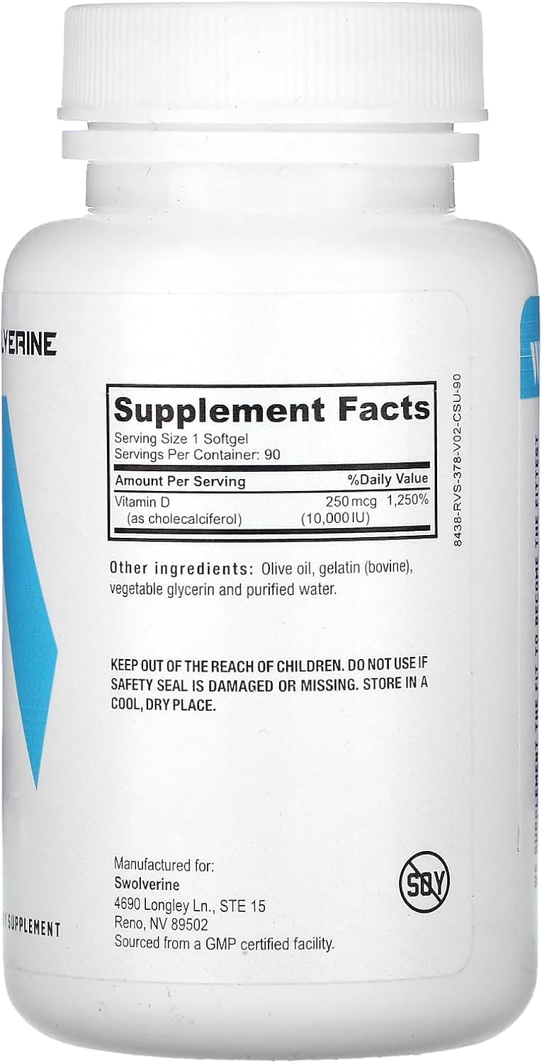 Vitamin D3 Soft Gels for Healthy Muscle, Bone, and Immune Support - 10000 IU in Olive Oil for Optimal Absorption - 90 Count