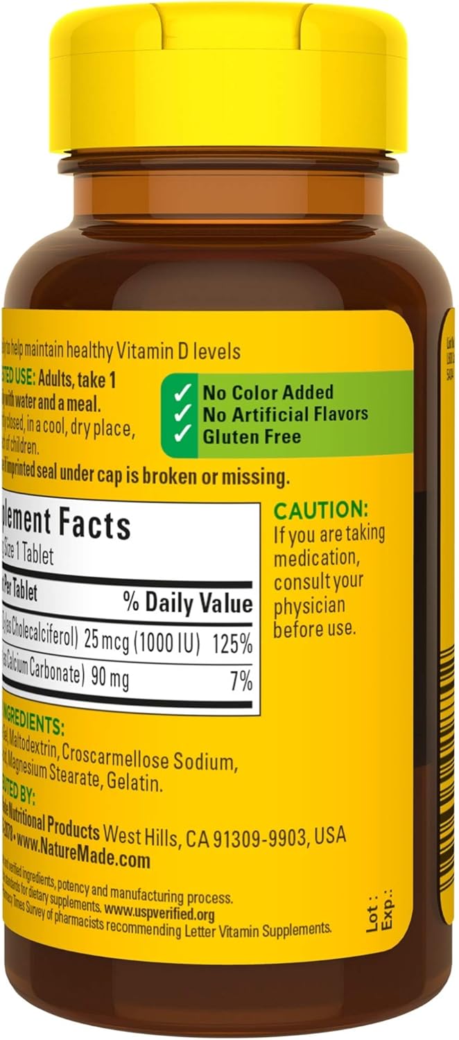 Vitamin D3 Tablets for Immune Health, Strong Bones, Teeth, and Muscle Function - 1000 IU, 100 Count