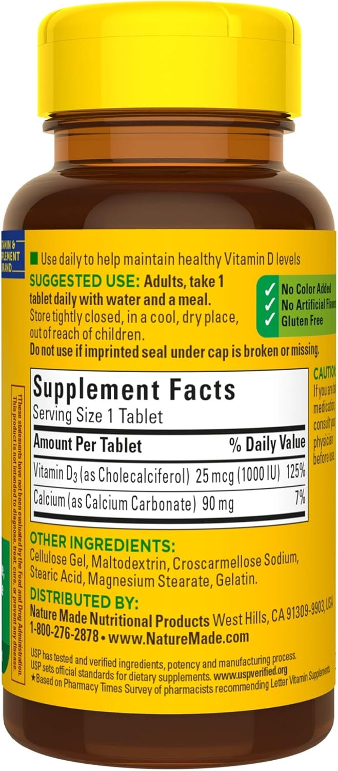 Vitamin D3 Tablets for Immune Health, Strong Bones, Teeth, and Muscle Function - 1000 IU, 100 Count