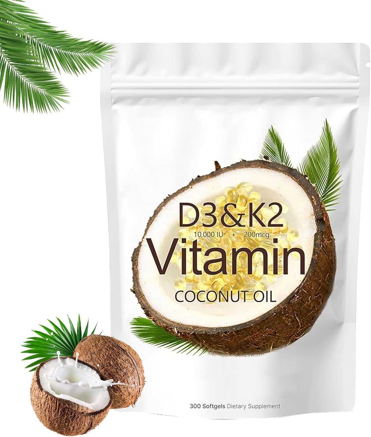 Vitamin D3 with K2 10000 IU & Coconut Oil Softgels - 2-in-1 Supplement for Bone Health - Easy to Swallow - Supports Calcium Absorption - Includes MK7