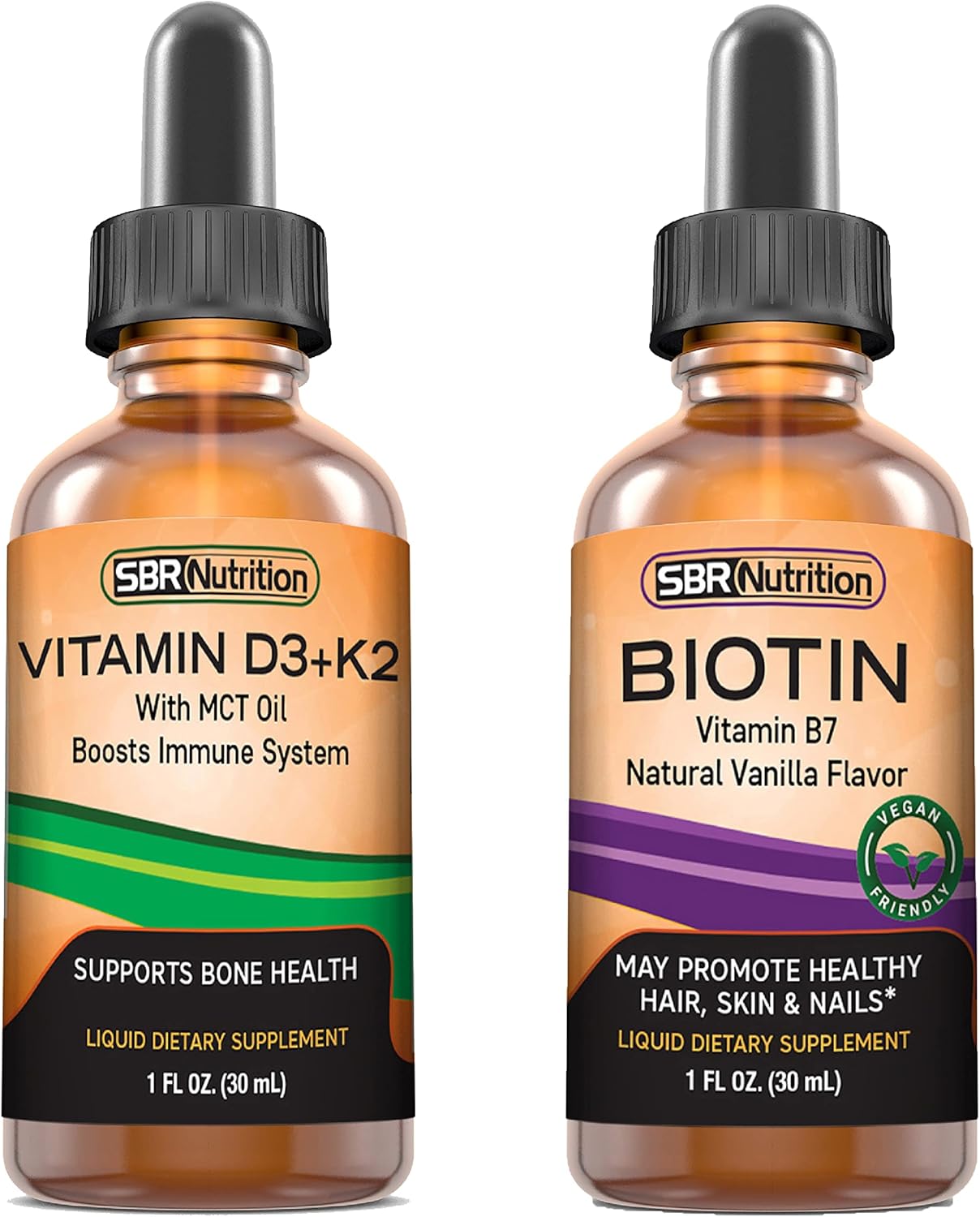 Vitamin D3K2 and Biotin Liquid Drops Bundle - Peppermint 1oz & Vanilla 2oz | Non-GMO, Gluten Free | for Adults & Kids