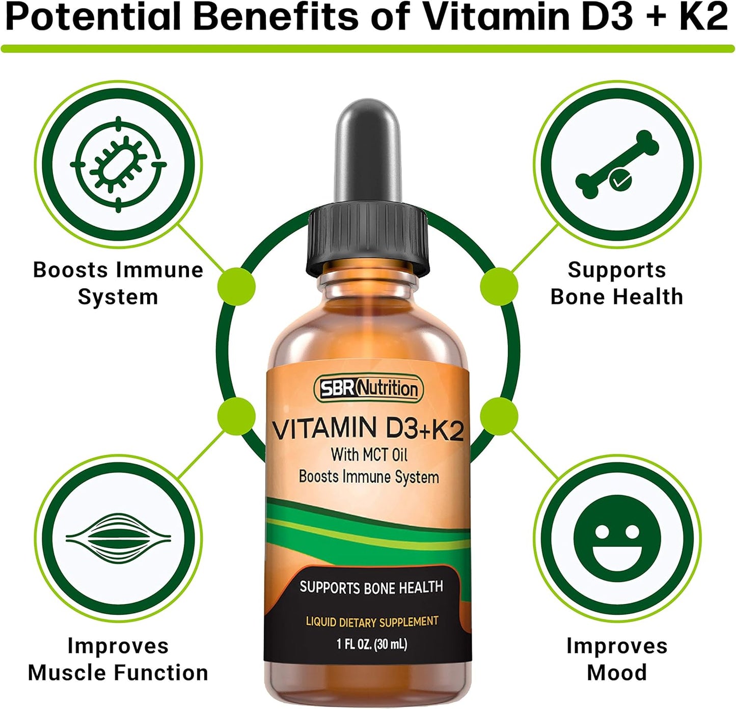 Vitamin D3K2 and Biotin Liquid Drops Bundle - Peppermint 1oz & Vanilla 2oz | Non-GMO, Gluten Free | for Adults & Kids