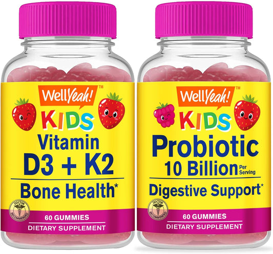Vitamin D3+K2 Kids + Probiotics 2B Kids Gummies Bundle - Gluten Free, GMO Free Chewable Gummy with Great Taste