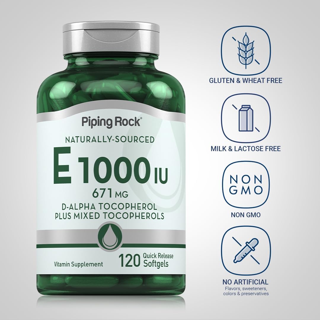 Vitamin E 1000 IU Softgels | 120 Count with D-Alpha and Mixed Tocopherols | Gluten Free, Non-GMO Supplement by Piping Rock