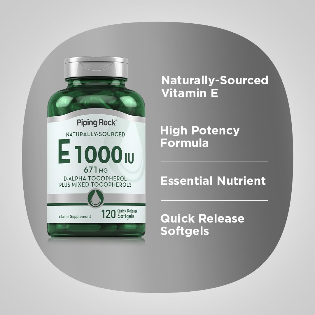 Vitamin E 1000 IU Softgels | 120 Count with D-Alpha and Mixed Tocopherols | Gluten Free, Non-GMO Supplement by Piping Rock
