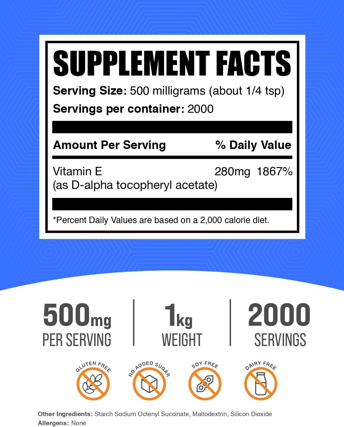 Vitamin E 400 IU Powder - D-Alpha Tocopherol Supplement, Gluten-Free, 500mg per Serving - 1kg (2.2 lbs) Pack