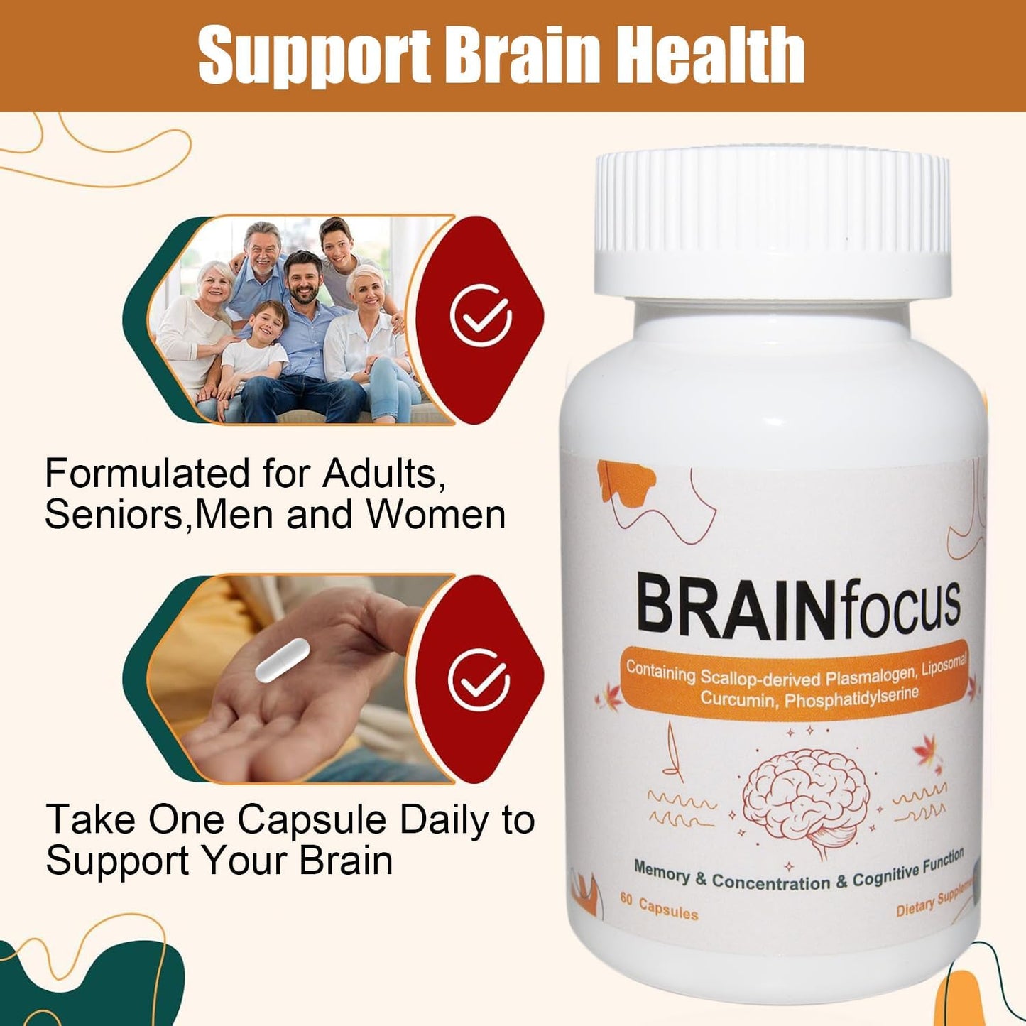 Vitamin E Brain Supplements with Curcumin for Memory, Focus, and Cognitive Function - 120 Servings