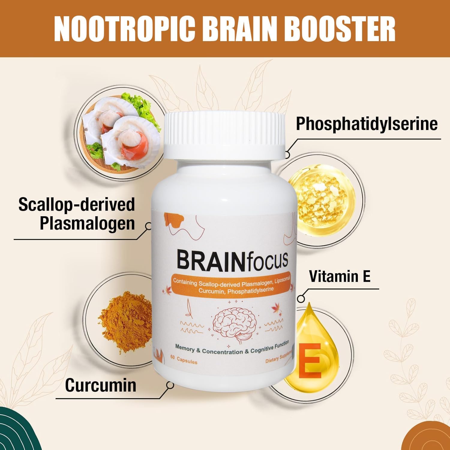 Vitamin E Brain Supplements with Curcumin for Memory, Focus, and Cognitive Function - 120 Servings
