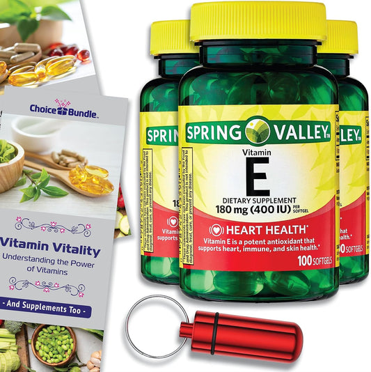 Vitamin E Heart Health Supplement Softgels Bundle with Guide and Pill Container - 3 Pack of 100 CT Each (Total 300 CT)