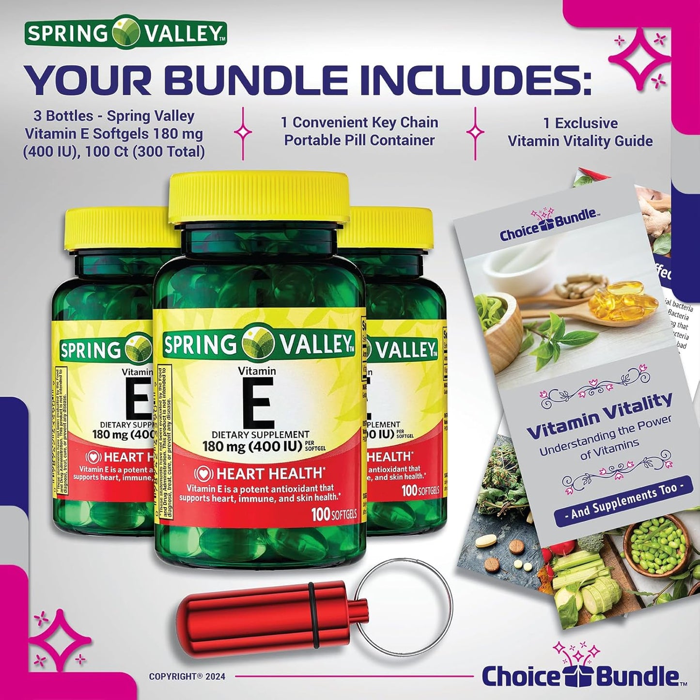 Vitamin E Heart Health Supplement Softgels Bundle with Guide and Pill Container - 3 Pack of 100 CT Each (Total 300 CT)