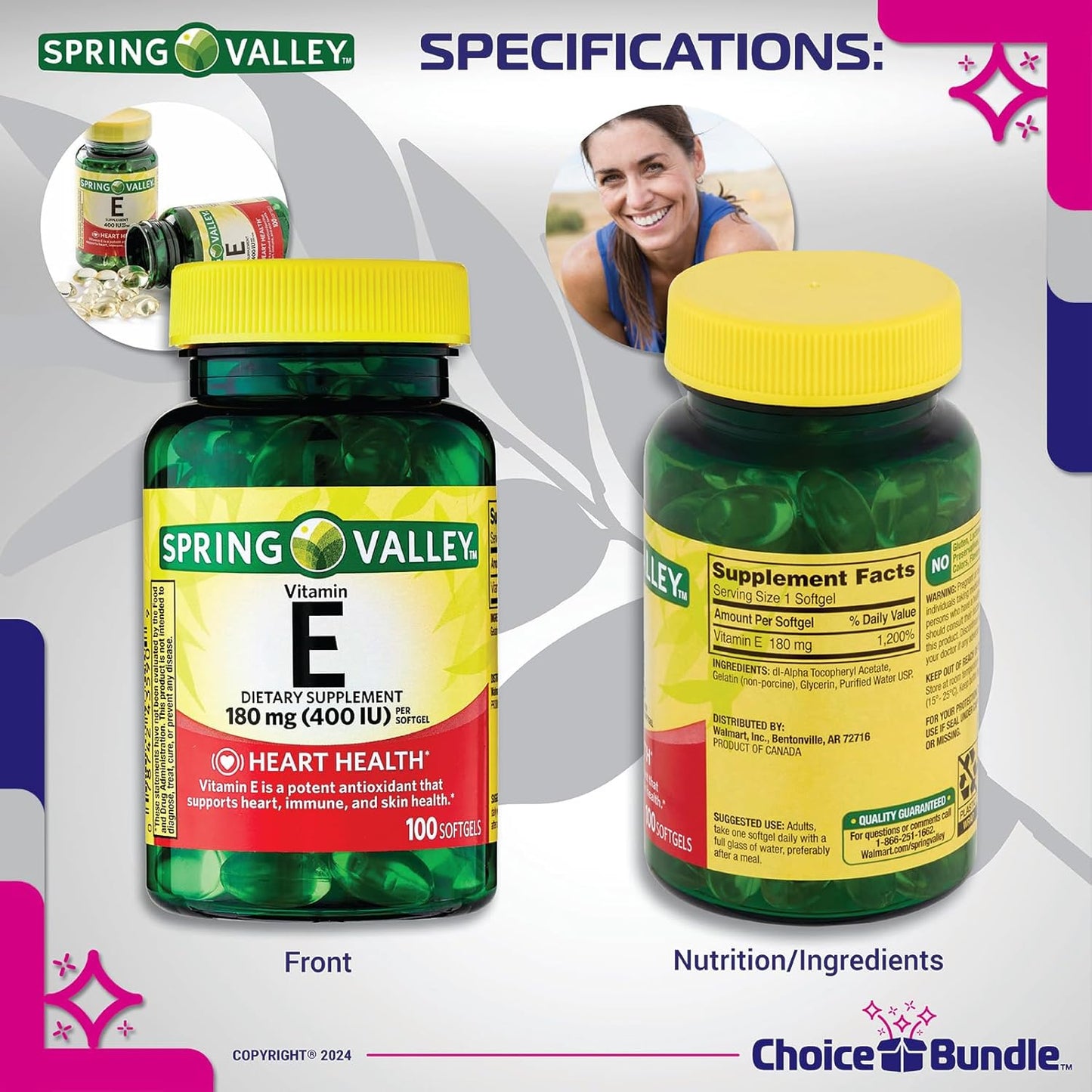 Vitamin E Heart Health Supplement Softgels Bundle with Guide and Pill Container - 3 Pack of 100 CT Each (Total 300 CT)