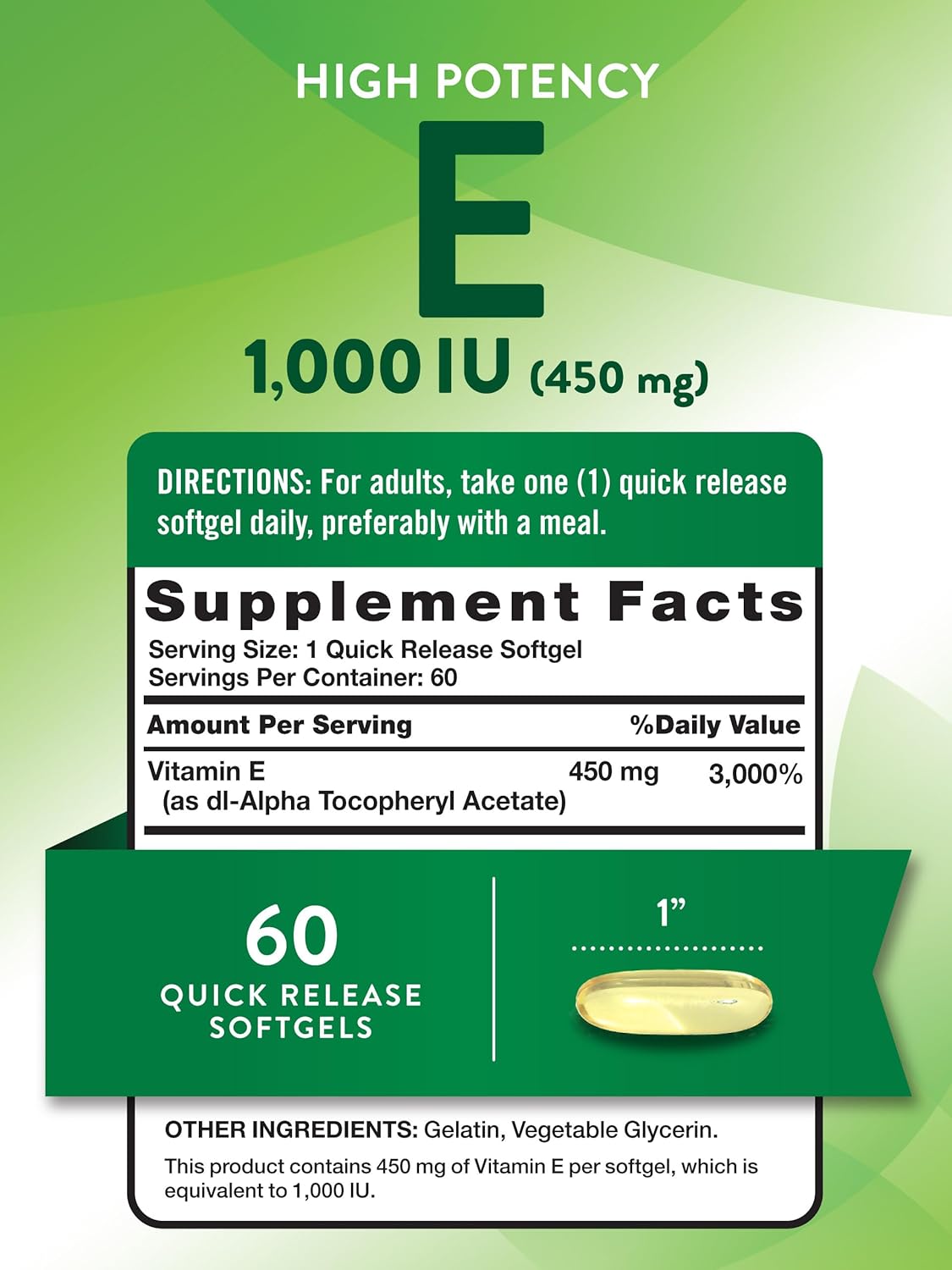 Vitamin E Softgels | 1000 IU | 60 Count | Non-GMO & Gluten Free Formula