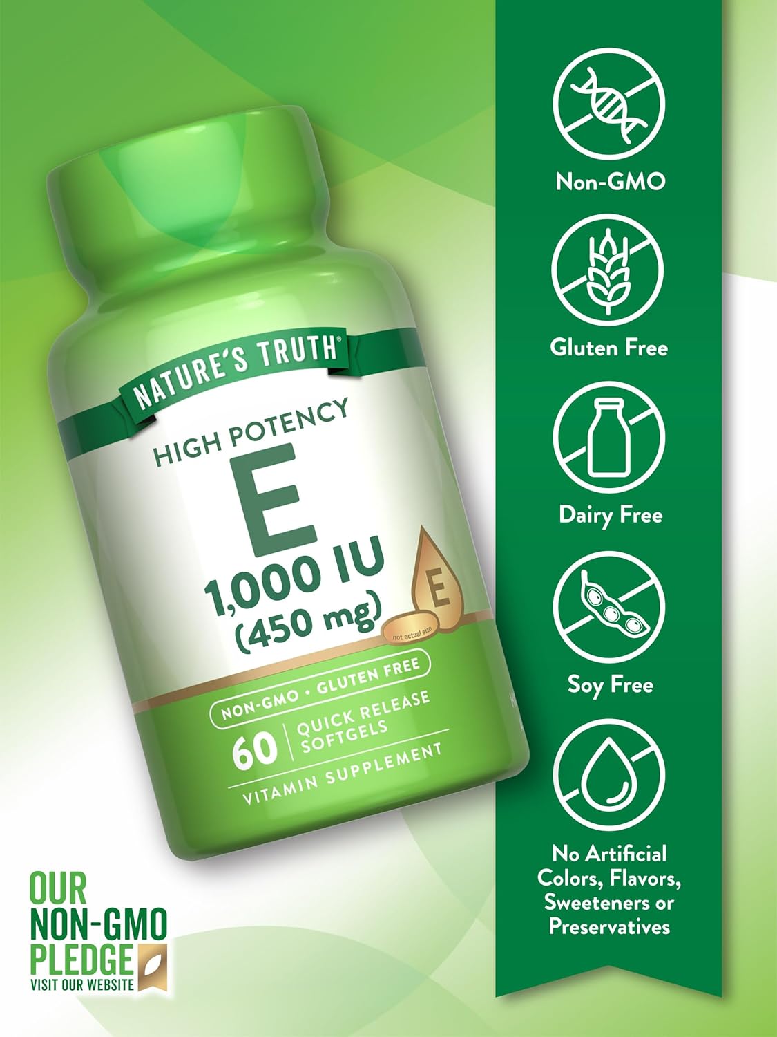 Vitamin E Softgels | 1000 IU | 60 Count | Non-GMO & Gluten Free Formula