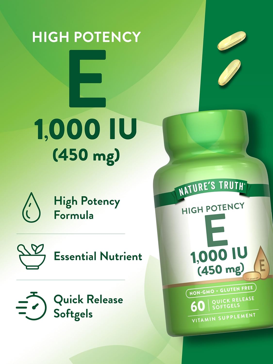 Vitamin E Softgels | 1000 IU | 60 Count | Non-GMO & Gluten Free Formula