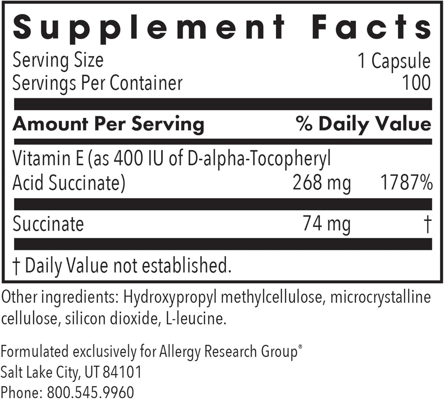 Vitamin E Succinate Supplement 400 IU D-Alpha-Tocopheryl Antioxidant Capsules - 100 Count, Vegetarian Formula for Men & Women by Allergy Research Group