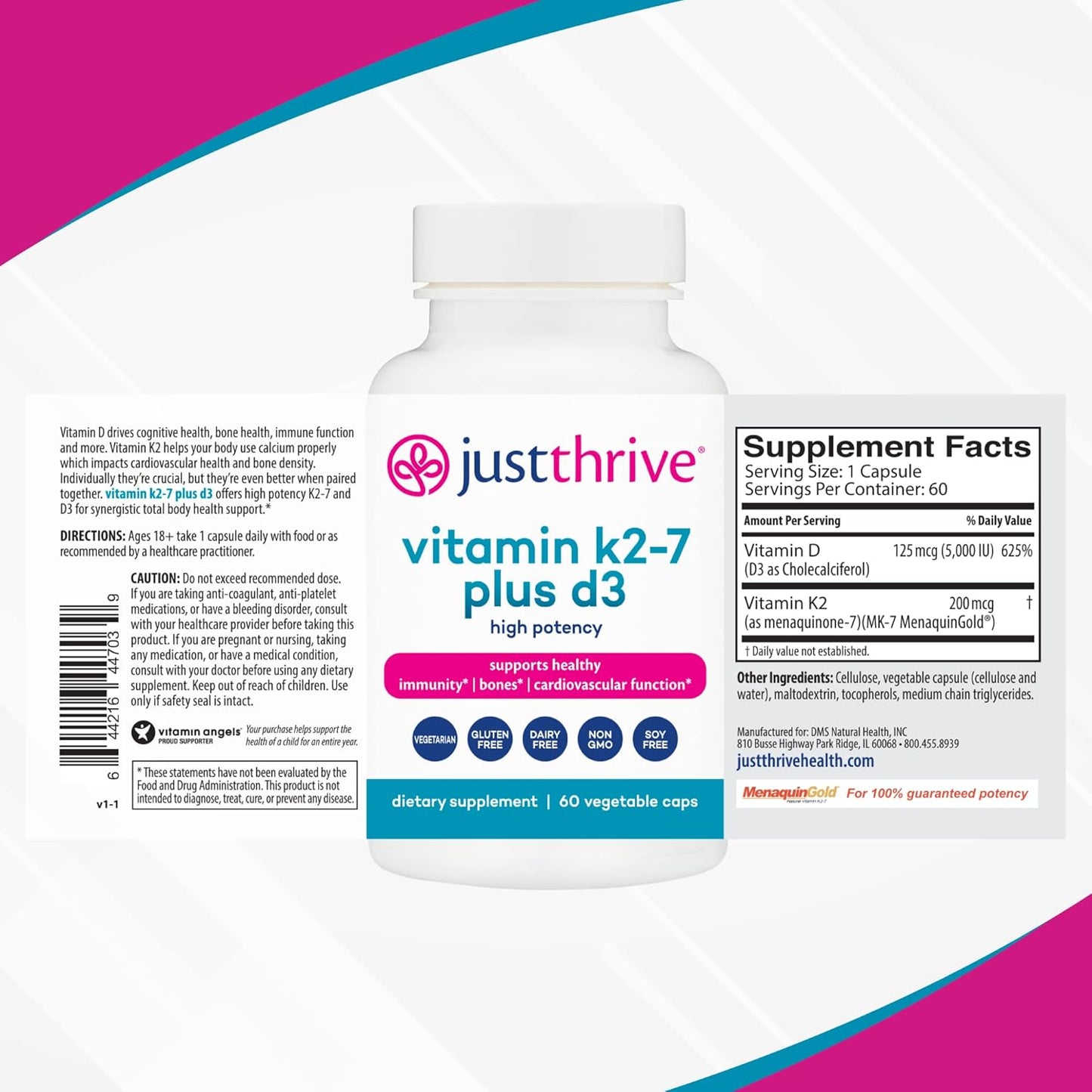Vitamin K2-7 Plus D3 Supplement for Immune, Heart, and Bone Health - 60 Vegetable Capsules