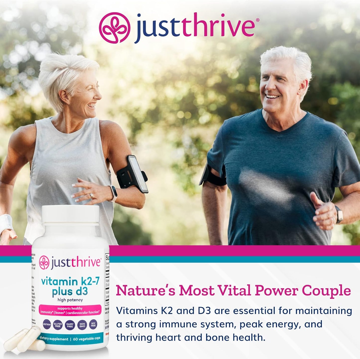 Vitamin K2-7 Plus D3 Supplement for Immune, Heart, and Bone Health - 60 Vegetable Capsules