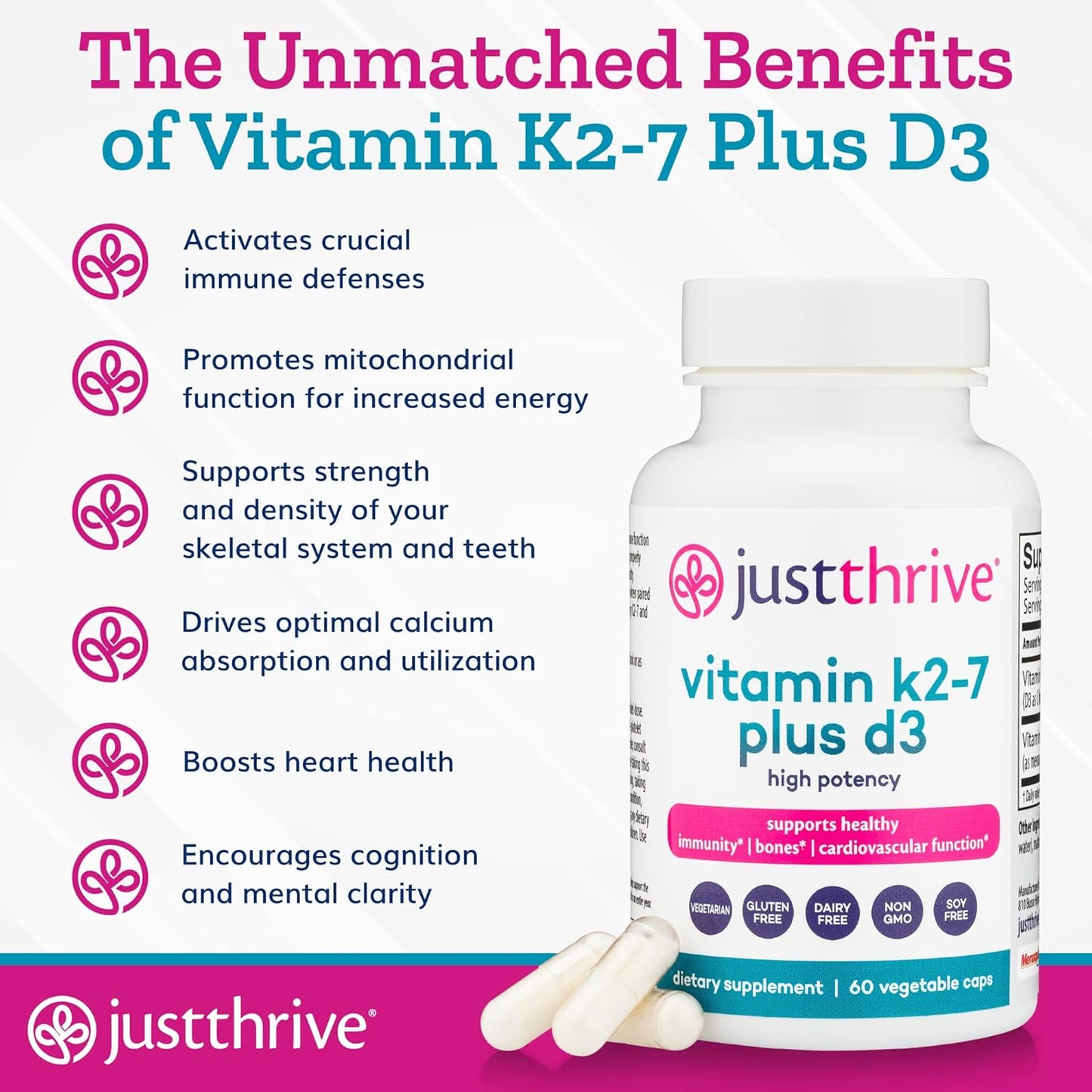 Vitamin K2-7 Plus D3 Supplement for Immune, Heart, and Bone Health - 60 Vegetable Capsules