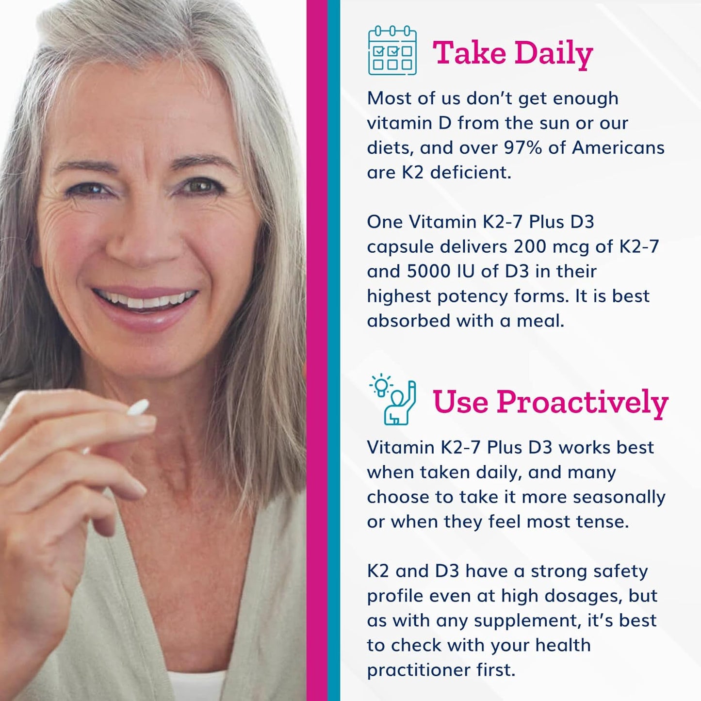 Vitamin K2-7 Plus D3 Supplement for Immune, Heart, and Bone Health - 60 Vegetable Capsules