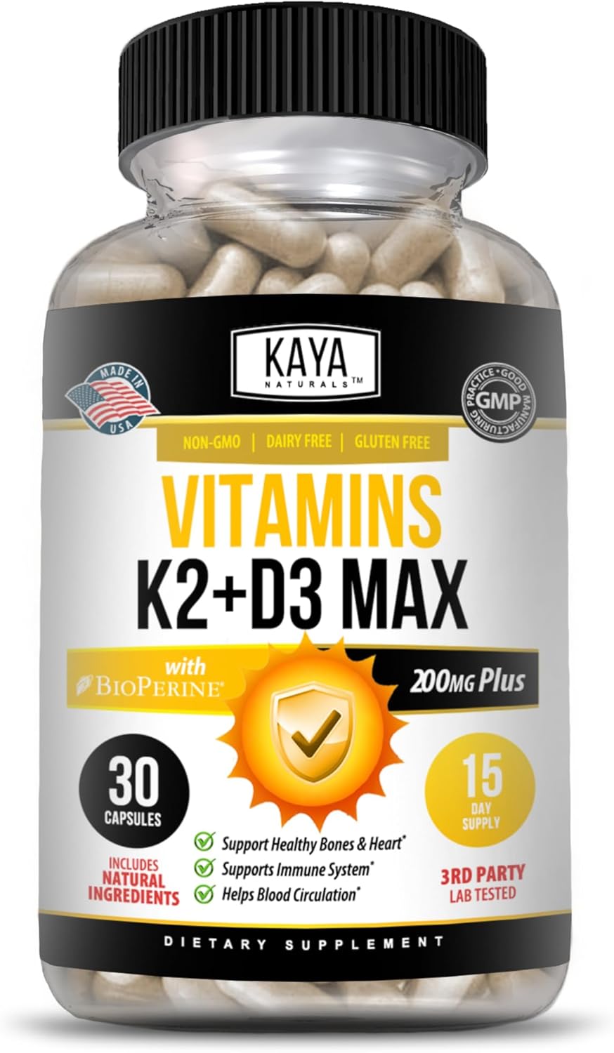 Vitamin K2 D3 5000IU Supplement for Bone and Heart Health - Easy to Swallow MK-7 Capsules with Bioperine - 30 Veggie Count