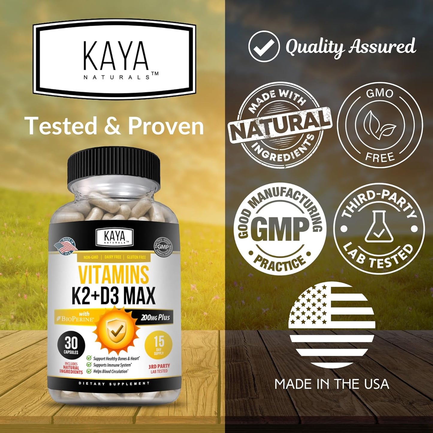 Vitamin K2 D3 5000IU Supplement for Bone and Heart Health - Easy to Swallow MK-7 Capsules with Bioperine - 30 Veggie Count