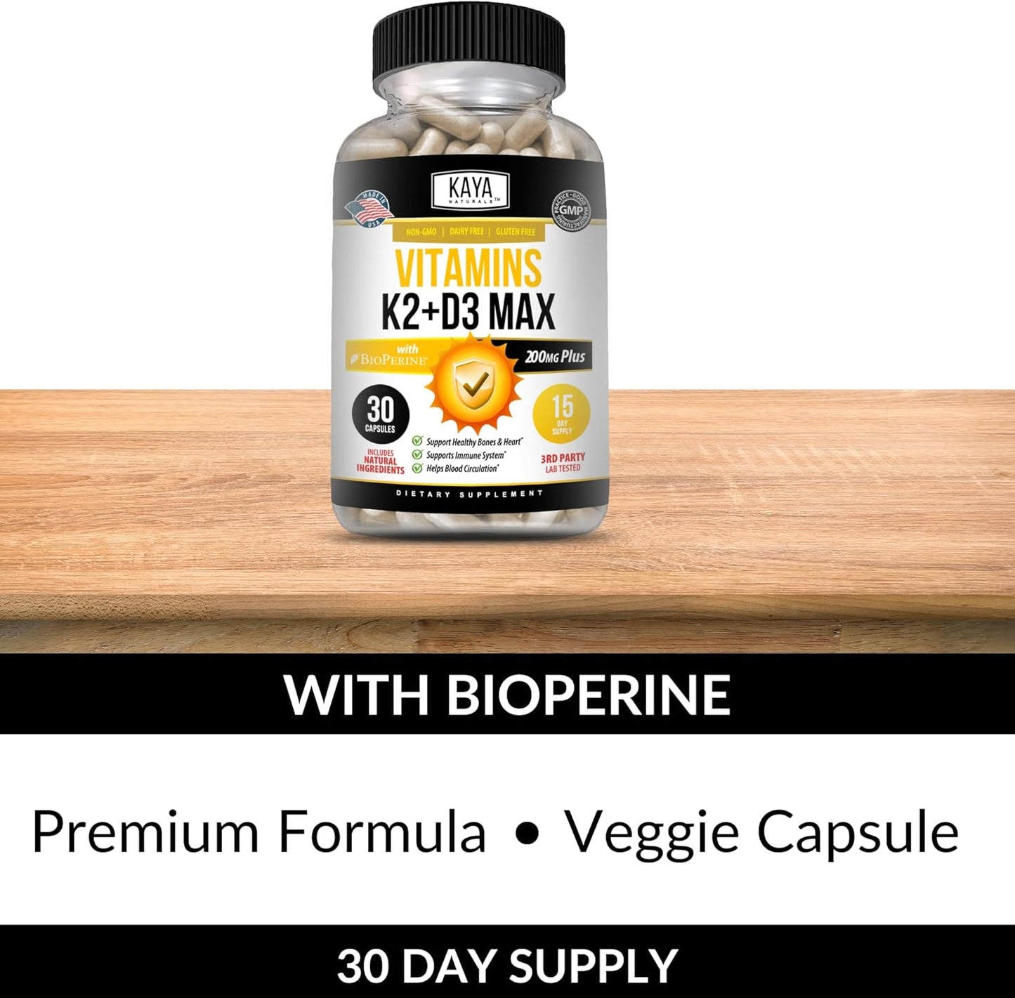 Vitamin K2 D3 5000IU Supplement for Bone and Heart Health - Easy to Swallow MK-7 Capsules with Bioperine - 30 Veggie Count