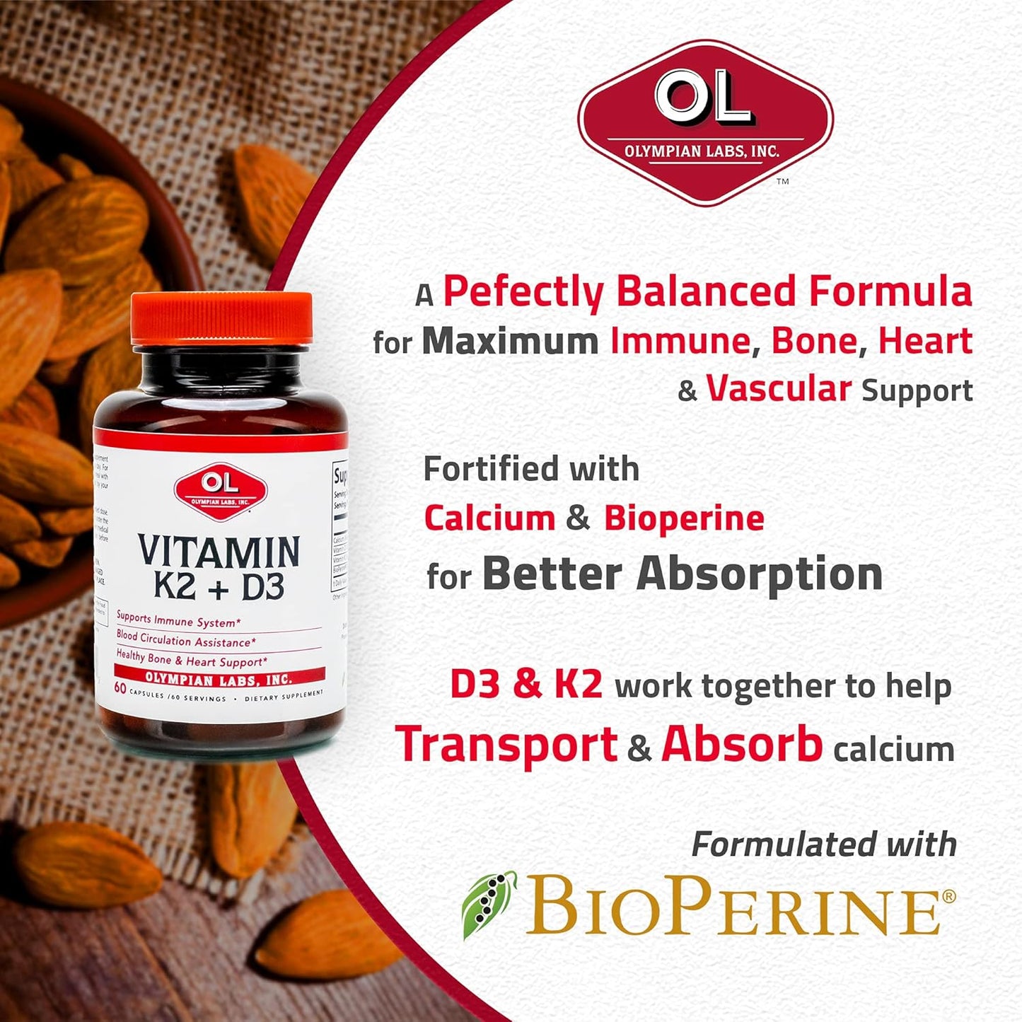 Vitamin K2 + D3 Capsules for Immune, Bone, and Heart Health - 60 Servings