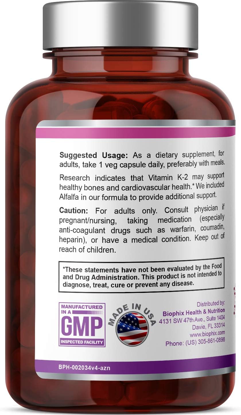 Vitamin K2 MK-4 Capsules 100mcg with Alfalfa - Promotes Bone Strength and Immune Support - 200 Count