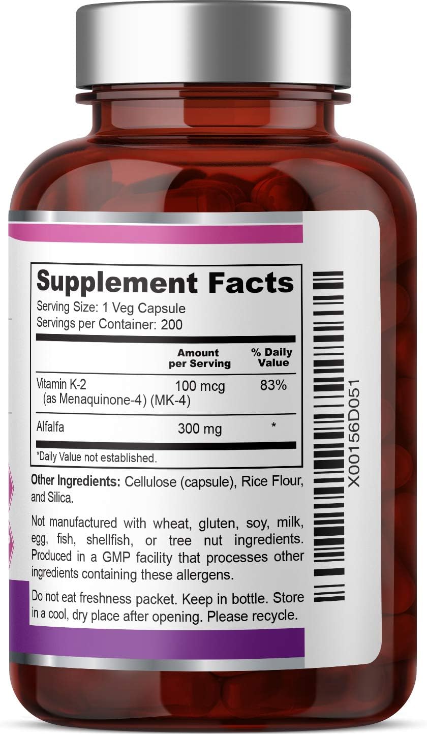 Vitamin K2 MK-4 Capsules 100mcg with Alfalfa - Promotes Bone Strength and Immune Support - 200 Count