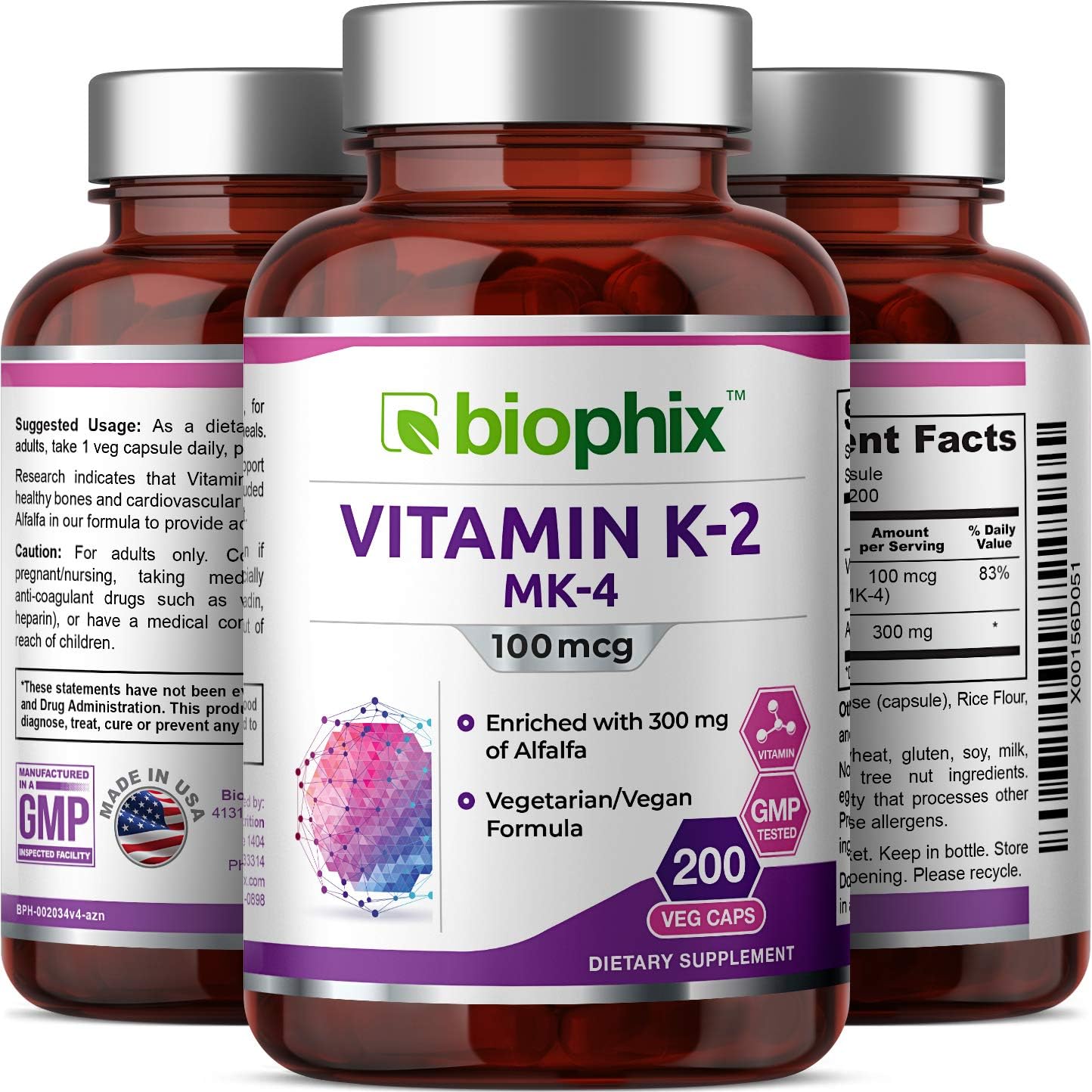 Vitamin K2 MK-4 Capsules 100mcg with Alfalfa - Promotes Bone Strength and Immune Support - 200 Count