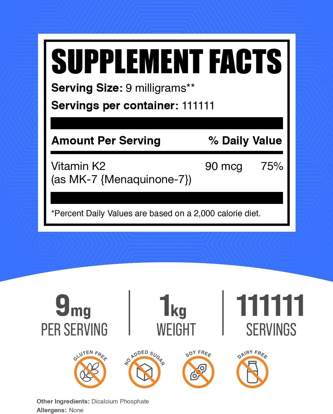 Vitamin K2 MK-7 Powder Supplement - High Potency Menaquinone for Wellness - Gluten Free, 9mg per Serving - 1kg (2.2 lbs) Pack