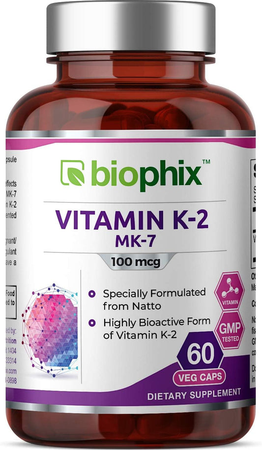 Vitamin K2 MK-7 Supplement - 100mcg 60 Veg Capsules for Strong Bones and Immune Health by Biophix