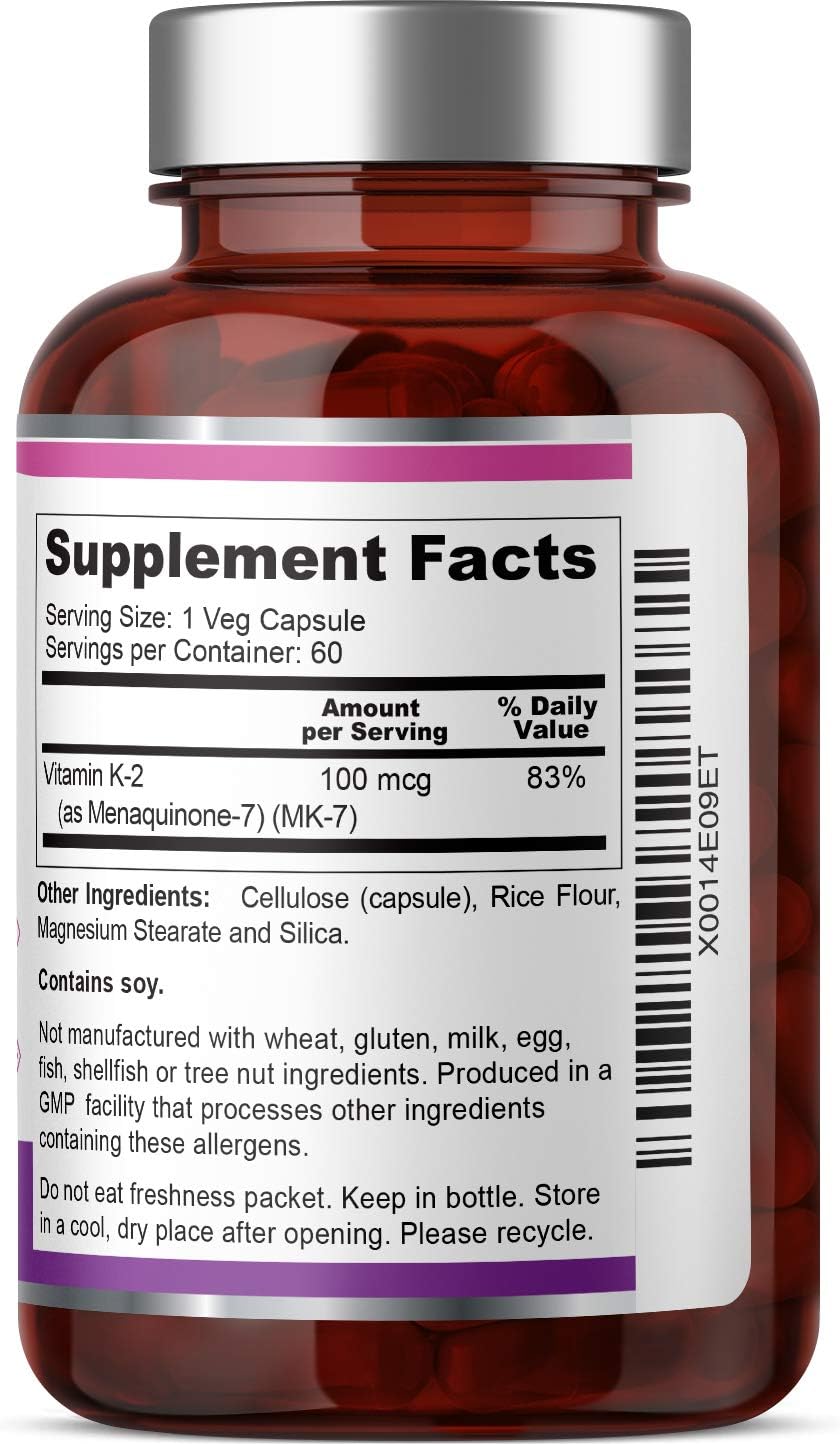 Vitamin K2 MK-7 Supplement - 100mcg 60 Veg Capsules for Strong Bones and Immune Health by Biophix