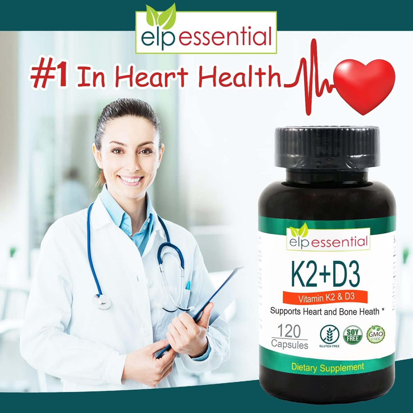 Vitamin K2 with D3 Capsules for Bone and Heart Health - 120 Capsules