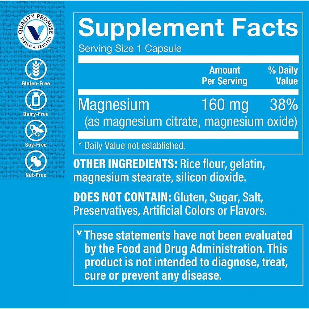 Vitamin Shoppe Magnesium Citrate Complex 160MG Capsules for Bone, Teeth, and Energy Support