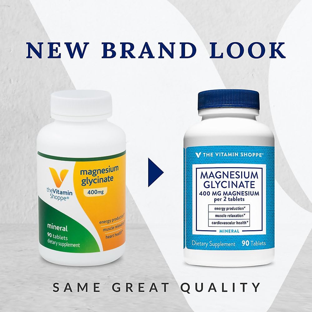 Vitamin Shoppe Magnesium Glycinate 400mg Tablets - Boosts Energy, Supports Muscle Relaxation, and Heart Health - 90 Count