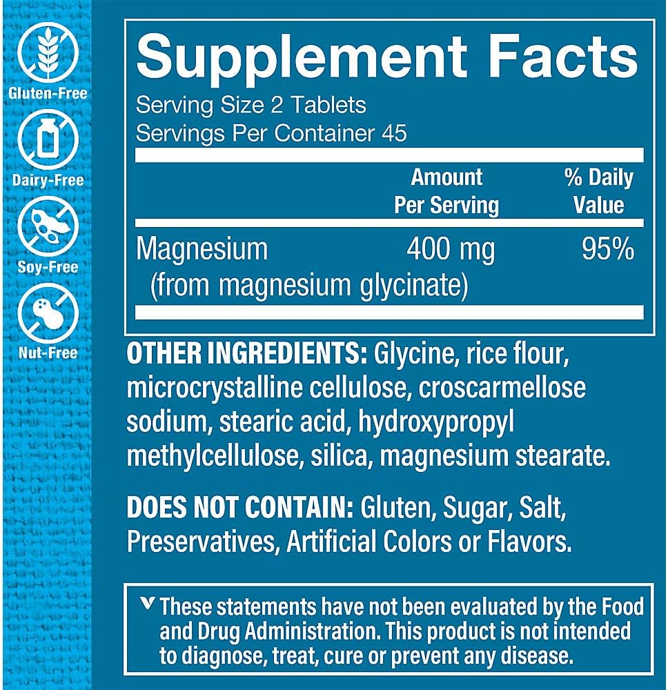Vitamin Shoppe Magnesium Glycinate 400mg Tablets - Boosts Energy, Supports Muscle Relaxation, and Heart Health - 90 Count