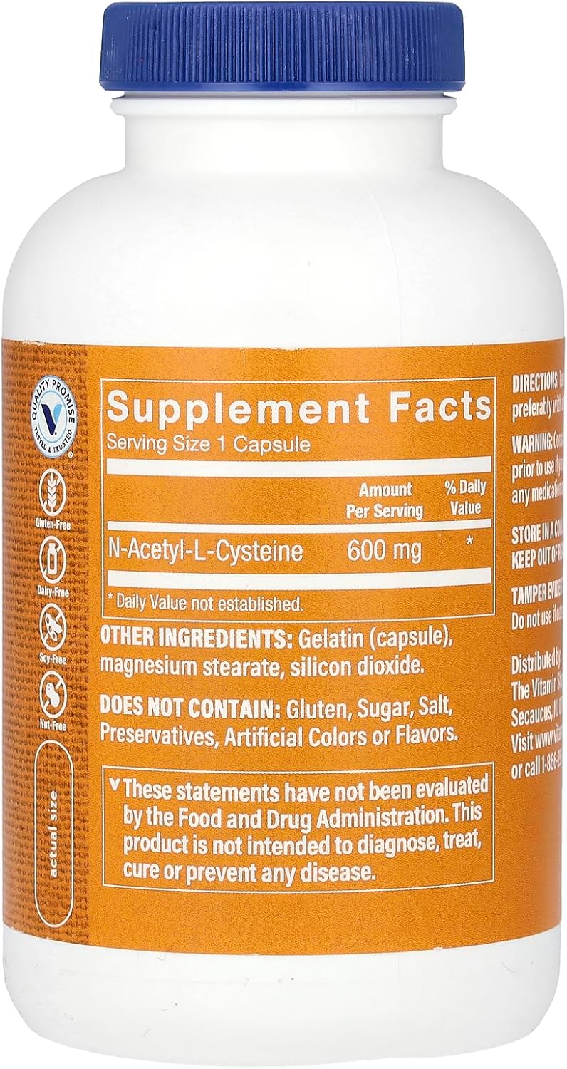 Vitamin Shoppe NAC N-Acetyl-L-Cysteine 600mg (200 Capsules) for Cellular Health and Immune Antioxidant Support