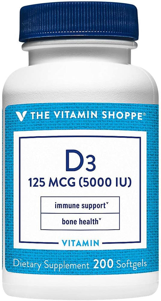 Vitamin Shoppe Vitamin D3 5000IU Softgel - Bone & Immune Health Support - Cellular Growth & Calcium Absorption - Gluten Free - 200 Softgels