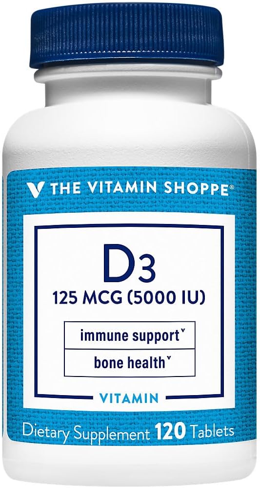 Vitamin Shoppe Vitamin D3 5000IU Softgel - Bone, Immune Health, Cellular Growth, Calcium Absorption - Gluten Free - 120 Softgels