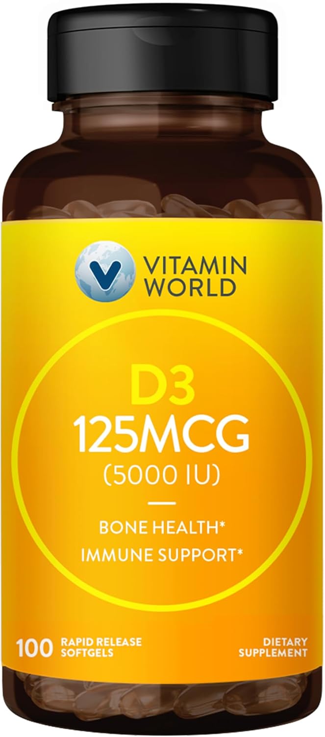 Vitamin World Mega-Potency Vitamin D3 5000 IU - 100 Softgels, Supports Bone Health and Immune System, Rapid-Release Formula, Gluten-Free