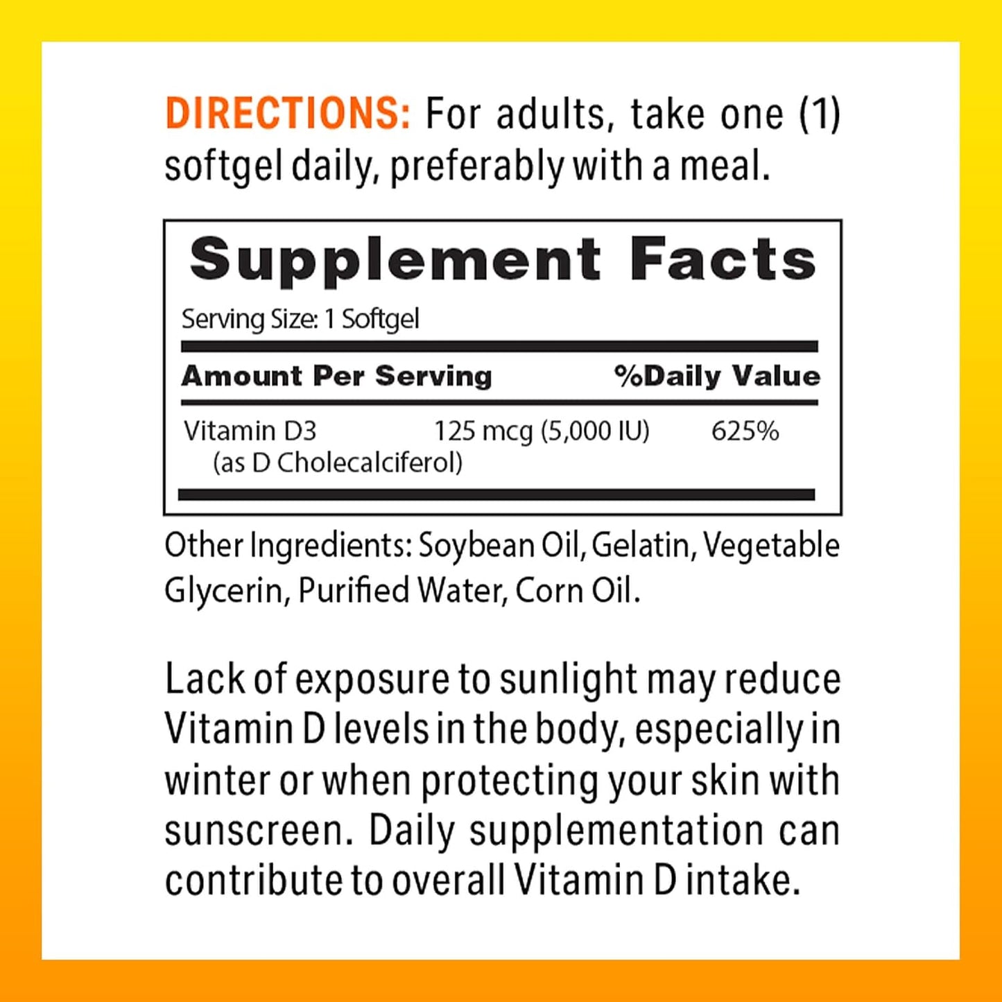 Vitamin World Mega-Potency Vitamin D3 5000 IU - 100 Softgels, Supports Bone Health and Immune System, Rapid-Release Formula, Gluten-Free