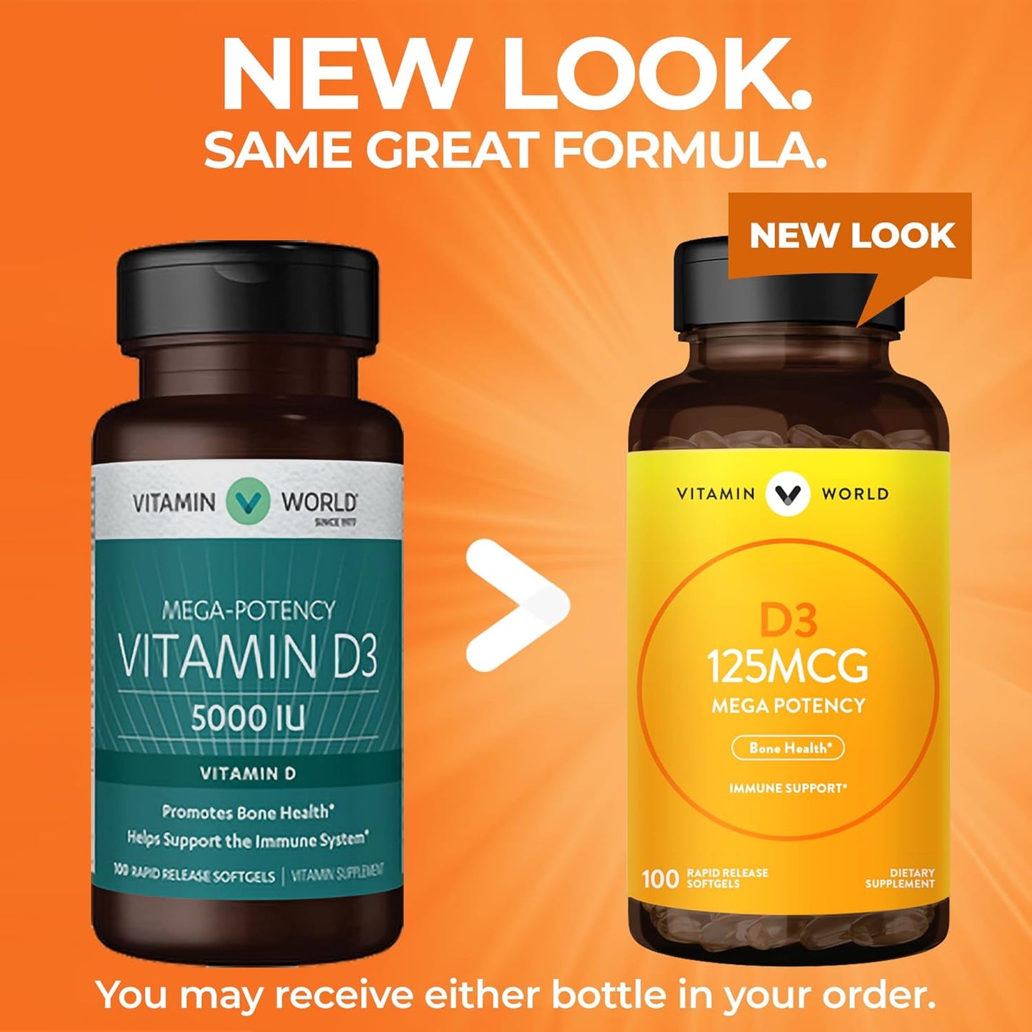 Vitamin World Mega-Potency Vitamin D3 5000 IU - 100 Softgels, Supports Bone Health and Immune System, Rapid-Release Formula, Gluten-Free