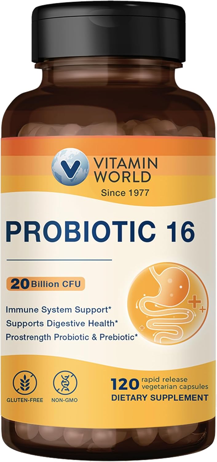 Vitamin World Probiotic 16: 20 Billion CFU, 16 Strains for Digestive & Immune Health - Non-GMO, Gluten Free, 120 Capsules